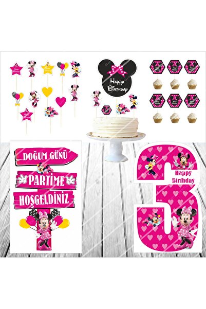 SİYAH PARTİ EVİ Minnie Mouse Doğum Günü Masa Panosu / Pasta Süsü Seti 3 Yaş