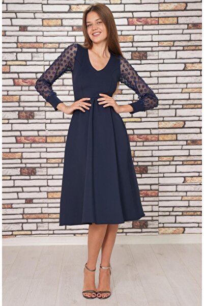 Styling Park Lacivert Papatya Tül Garnili V Yaka Midi Boy Elbise