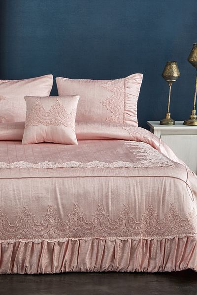 Evlen Home Collection French Lace Velvet Fiber Filled Double Bedspread Dilara Pudra (4 PIECES)