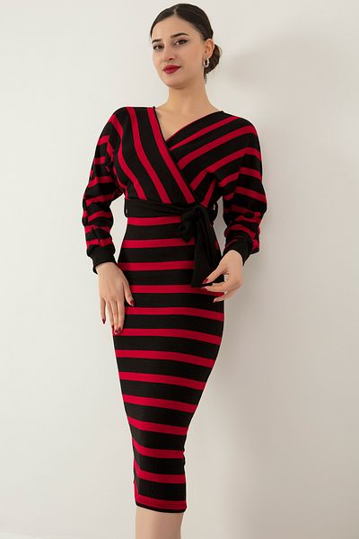 PULLIMM Rochie tricotată midi cu guler dublu cu dungi în talie 0216