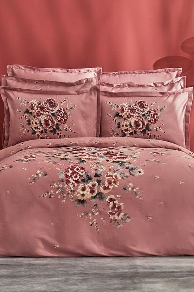 Karaca Home Set cuvertură de pilota dublă din satin din bumbac Estila Dusty Rose