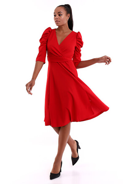 WOMAN VISION Rochie de damă cu mânecă scurtă, guler dublu, din țesătură crepo...