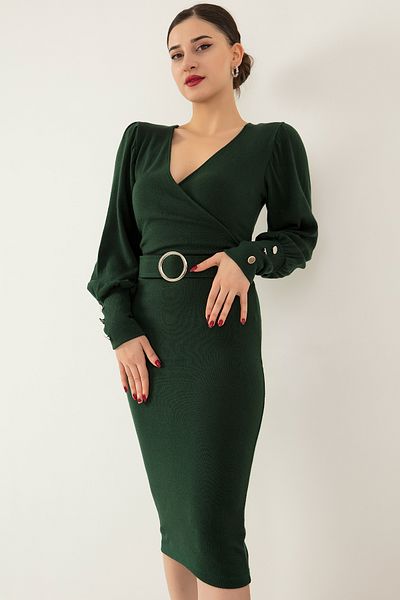 PULLIMM Rochie tricotată midi cu guler dublu cu nasturi 0220
