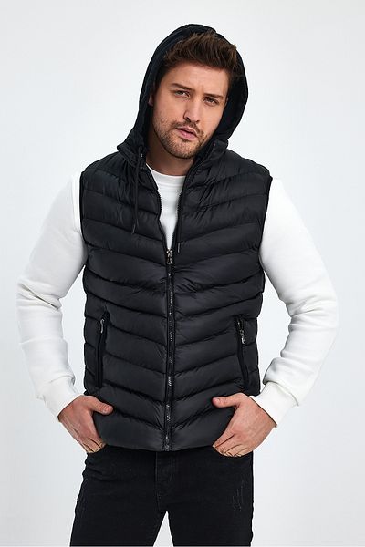 CLIPMAN Men's Slim Fit Quilted Fabric Hooded Puffer Vest Black