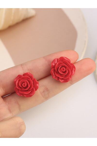 bymissmücevherat 925 Ayar Kırmızı Gül Model Kadın Gümüş Küpe 8 Mm