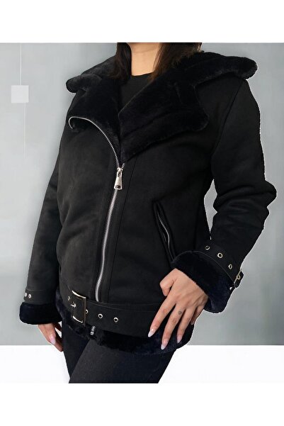 ELLYBUTIK Kadın Süet Kürklü Biker Kaban