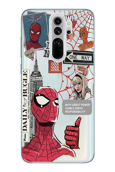 Magic Ring Redmi Note 8 Pro Uyumlu Spiderman Desenli Şeffaf Telefon Kılıfı