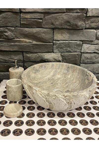 Polen Stone Doğal Taş Silver Traverten Lavabo Ve Banyo Takımı 4 lü Takım