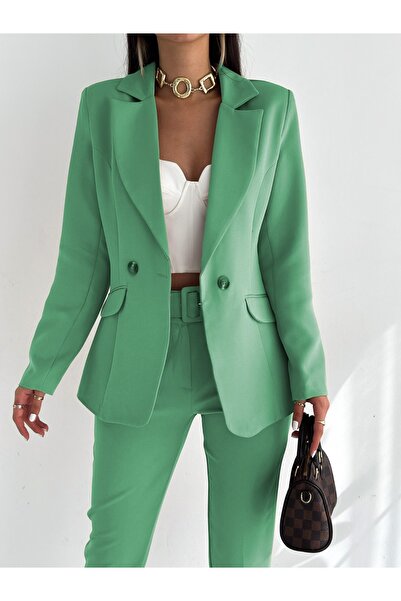 diaves Mint Green Double Breasted Blazer Jacket Carrot Pants Suit