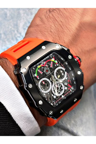 Navimarine Orange Color Functional Sports Silicone Square Men's Wristwatch + BRACELET WITH GIFT