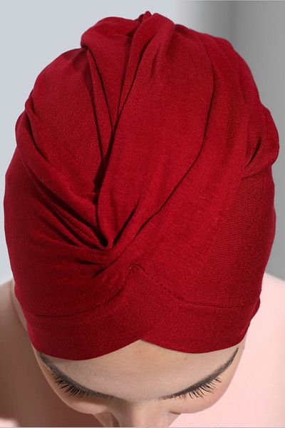 Vera Aura Ready Turban Bonnet Combed Red Bonnet Cross Banded Women's Hijab Bonnet