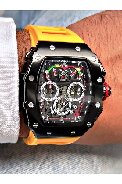 Navimarine Yellow Color Functional Sports Silicone Square Men's Wristwatch + BRACELET WITH GIFT