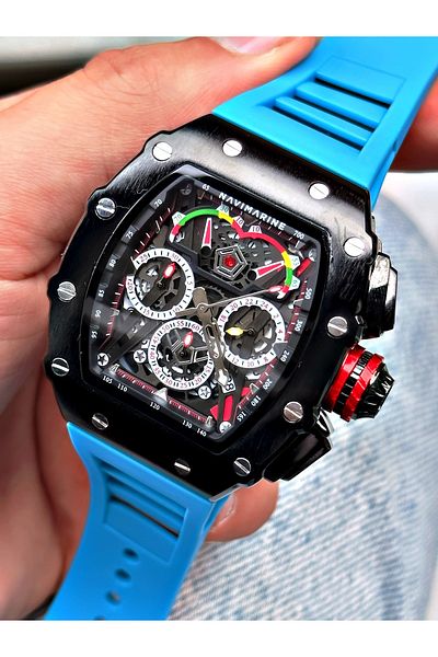 Navimarine Blue Color Functional Sports Silicone Square Men's Wristwatch + BRACELET WITH GIFT