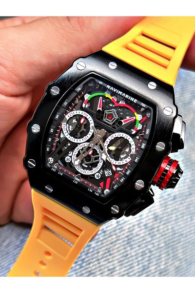 Navimarine Yellow Color Functional Sports Silicone Square Men's Wristwatch + BRACELET WITH GIFT
