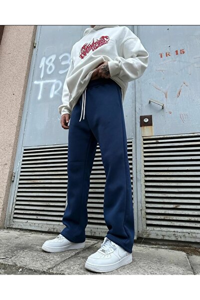 FİTGO Pantaloni de sport largi, albastru bleumarin, cu 3 fire de bumbac, cu p...