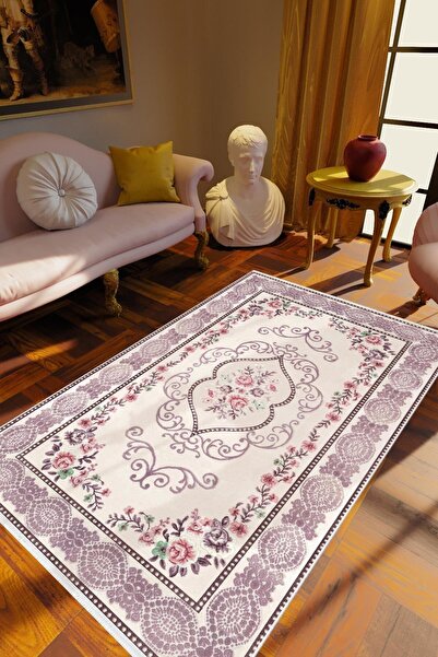 10 Post Online Salon Halısı Figürlü Çiçekli Mor Beyaz Pembe Kaydırmaz Kesme Y...