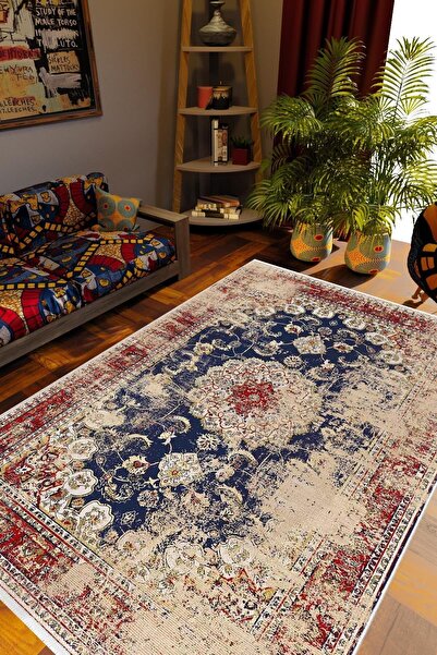 10 Post Online Salon Halısı Kilim Otantik Eskitme Lacivert Kaydırmaz Yıkanabi...