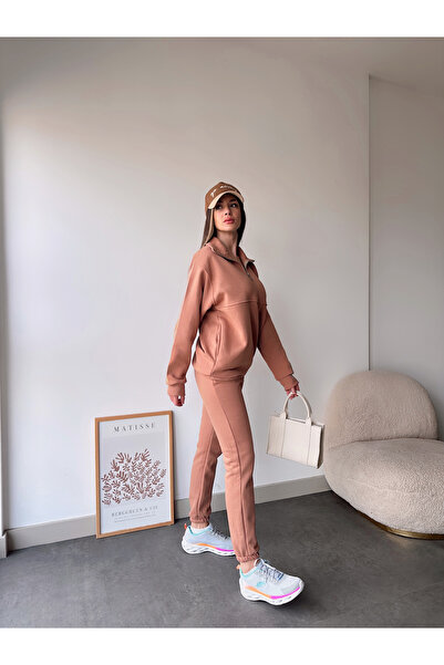 COSMOS BOX BÜYÜK BEDEN KADIN ÜÇ İPLİK YARIM FERMUAR EŞOFMAN TAKIMI MODERN KAL...