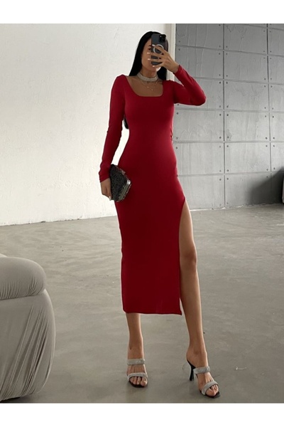 LB Laluna Butik Kadın Yırtmaçlı Uzun Sandy Elbise