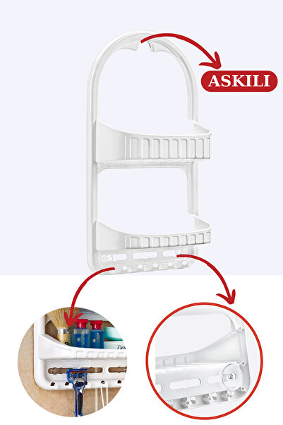 Flosoft 2 Raflı Şampuanlık, Asılabilir Vantuzlu Banyo Duş Şampuan Sabun Kozmetik Düzenleyici Beyaz