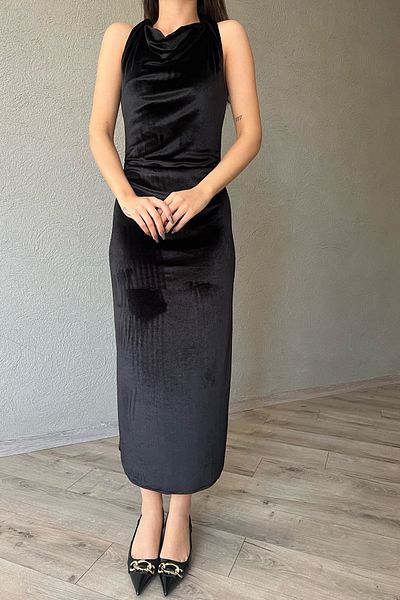 Seda Yalçın Atelier Black Strappy Velvet Gather Detailed Dress