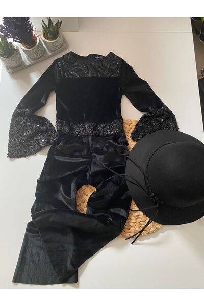 nisaykids Girl's Velvet Jumpsuit with Sequin Detail and Hat