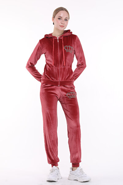 ikmal collection İkmal Gül Kurusu Taçlı Taş Paça Lastik Kadife Takım