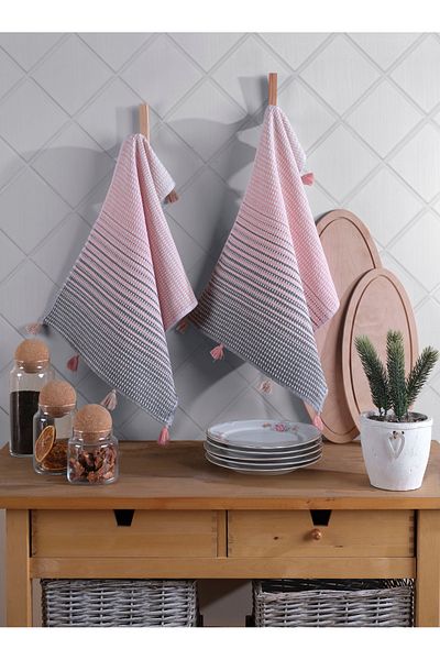 Lux Touch Πετσέτες κουζίνας Eva 2 τεμαχίων με Pompom - 40x60 cm Χρώμα σολομού, Σετ υφασμάτων από βαμβάκι
