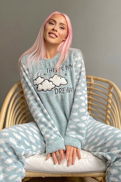Pijamaevi Mint Green Moon Cloud Patterned Women's Plush Pajama Set