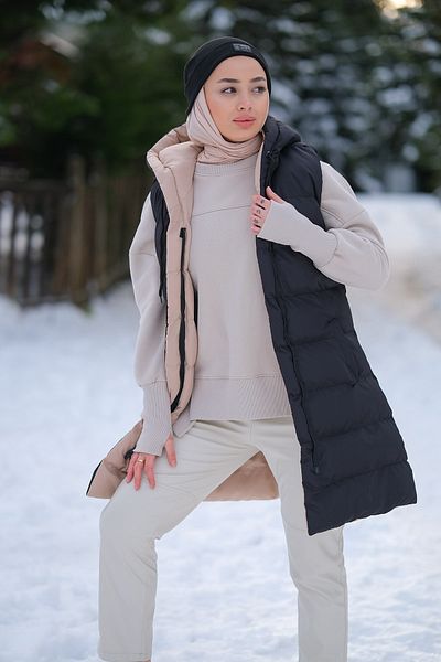 LOCCO Women's Regular Hooded Double Sided Puffer Vest Black-mink