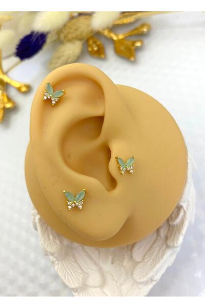 Arescollection ZİRKON TAŞLI KELEBEK ARKASI DÜZ ÖNDEN TAKMALI TRAGUS HELİX KIKIRDAK UYUMLU 1 ADET PİERCİNG KÜPE