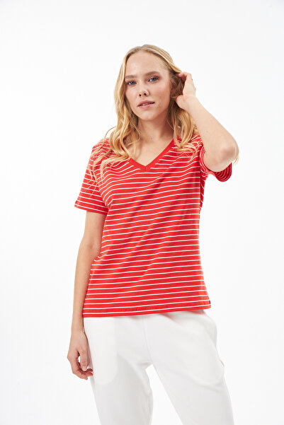 Elegant Design %100 Organik Pamuk V Yaka Çizgili T-shirt Kırmızı/beyaz
