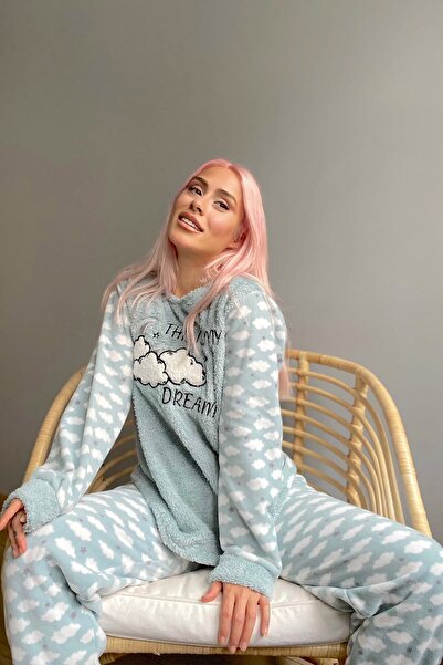 Pijamaevi Mint Green Moon Cloud Patterned Women's Plush Pajama Set