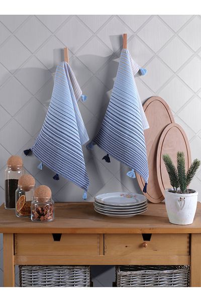 Lux Touch Blue Eva Pompom Prosoape de bucătărie din 2 piese - Set cârpe de uscare 40x60 cm, bumbac