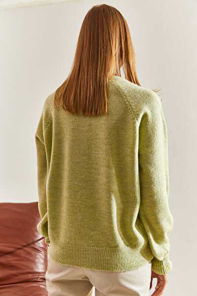 Bianco Lucci Women's Buttoned Collar Turtleneck Striped Knitwear Sweater