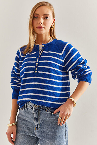 Bianco Lucci Women's Buttoned Collar Turtleneck Striped Knitwear Sweater