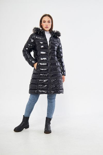 S&V TEKSTİL Women's Bright Black Puffer Long Coat Coat Trend