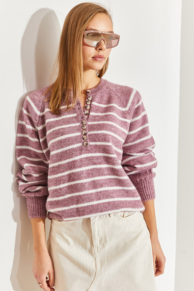 Bianco Lucci Pulover de damă, cu guler cu nasturi, tricotaj în dungi