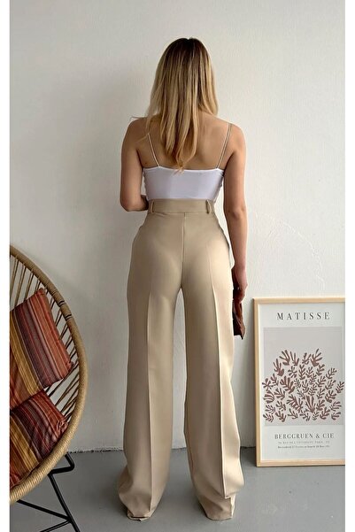 LAMİRAMOOD Buttoned BEIGE High Waist Fabric Trousers