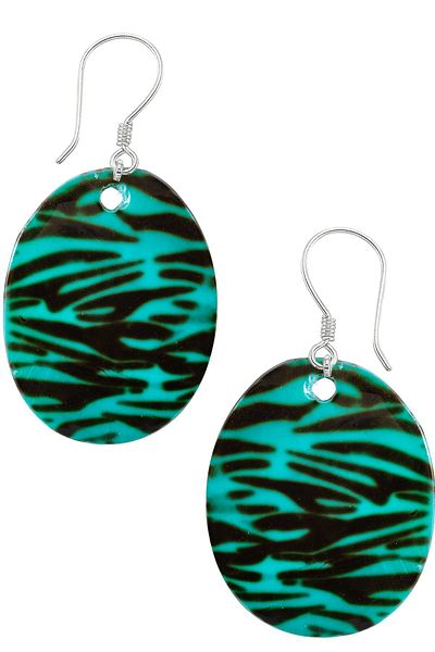 Tesbih Atölyesi Certified Leopard Patterned Oval Blue Colored Mother of Pearl Stone Earrings