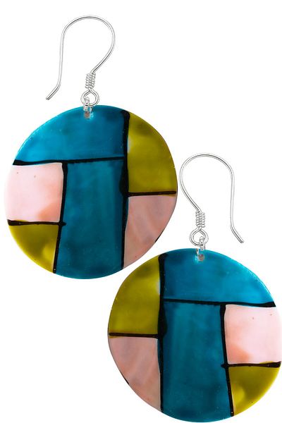 Tesbih Atölyesi Certified Handcrafted Green-Blue-Pink Colored Mother of Pearl Stone Earrings