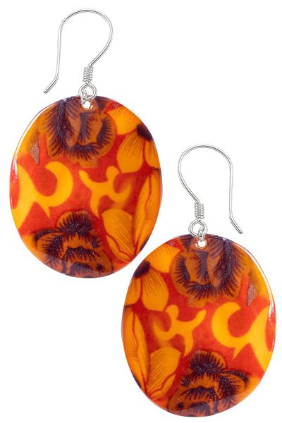Tesbih Atölyesi Certified Flower Embroidered Orange-Purple Colored Mother-of-Pearl Stone Earrings