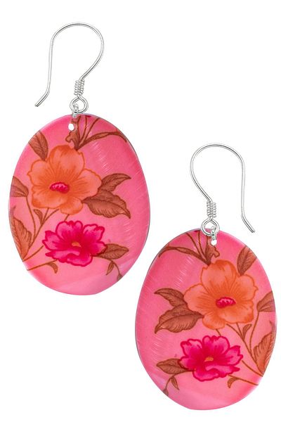 Tesbih Atölyesi Certified Flower Embroidered Pink Colored Mother of Pearl Stone Earrings