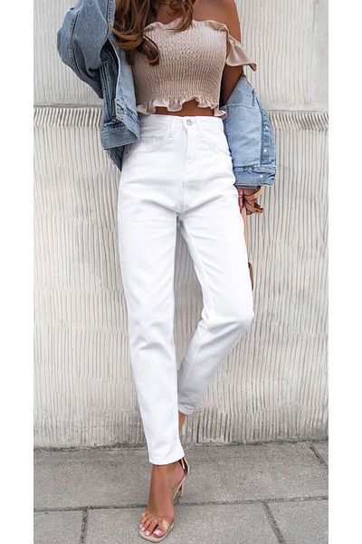 LAMİRAMOOD Λευκό Lycra Mom Jean Παντελόνι