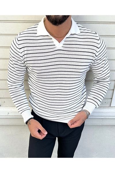 COOL TARZ Striped Polo Neck Knitwear Sweater White