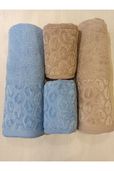 ŞENER HOME Set de baie cu scoici din 4 piese, prosop de baie și cap - albastru și maro