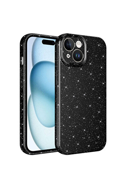 Case 4U Apple iPhone 15 Kılıf Kamera Korumalı Simli Lüks Koton Kapak Siyah
