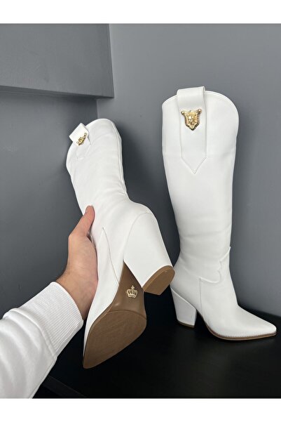 AYAKKABI PRENSİ Rixos Buckle Detailed White Matte 9 cm Γυναικείες Μπότες, Μπότες με τακούνι