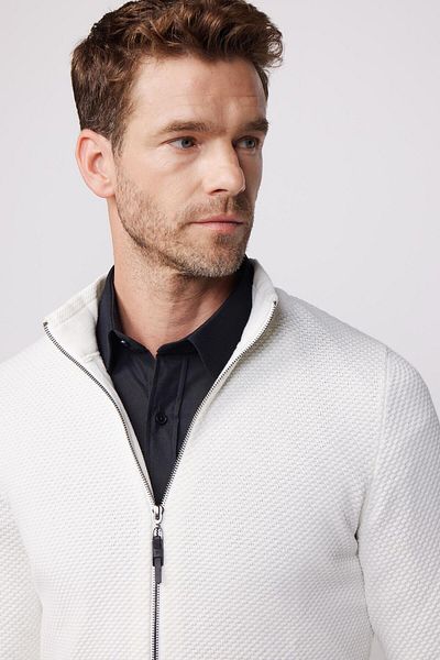 Tudors Gemusterter weißer Herren-Cardigan mit halbem Rollkragen und Reißverschluss