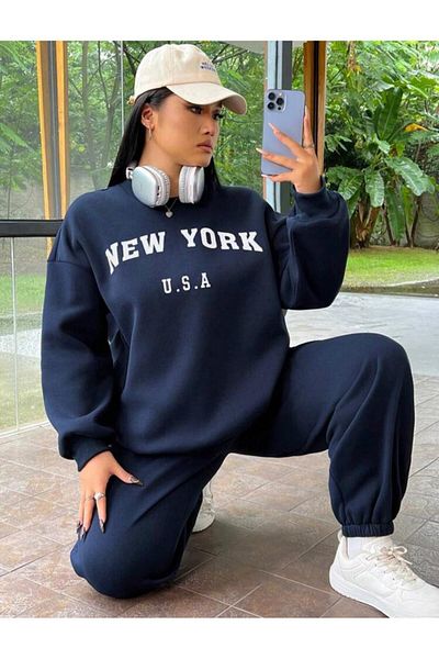 My Blog Hanorac oversize cu imprimeu albastru bleumarin New York U.S.A